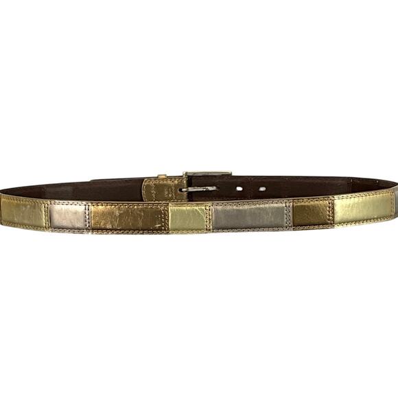 Fossil Genuine Leather Vintage 90s Gold Bronze Patchwork Belt Women 35.5” -39.5” - Picture 3 of 9